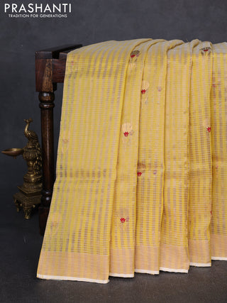 Pure chanderi silk saree mustard yellow with allover stripes & buttas and zari woven border