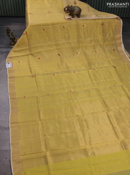 Pure chanderi silk saree mustard yellow with allover stripes & buttas and zari woven border