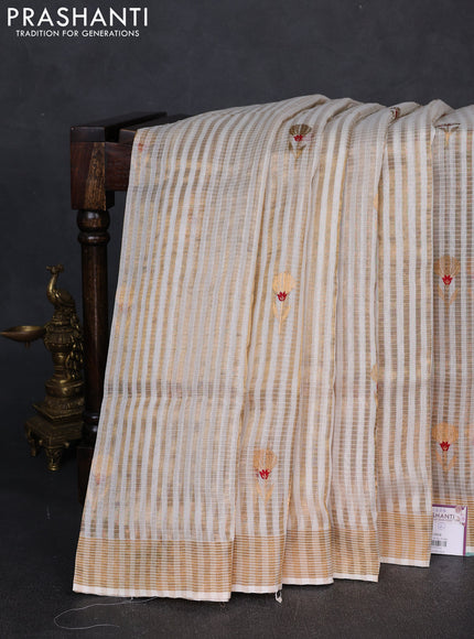 Pure chanderi silk saree off white with allover checked pattern & buttas and zari woven border