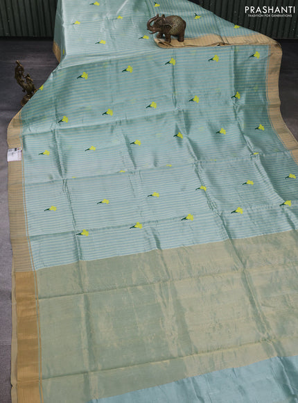 Pure chanderi silk saree pastel blue with allover stripes pattern & buttas and zari woven border