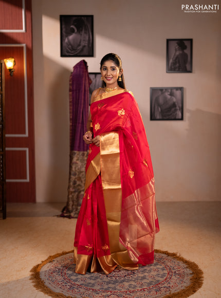 Pure chanderi silk saree tomato pink with allover zari woven buttas and long zari woven border