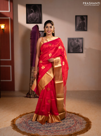 Pure chanderi silk saree tomato pink with allover zari woven buttas and long zari woven border