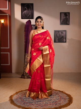 Pure chanderi silk saree tomato pink with allover zari woven buttas and long zari woven border