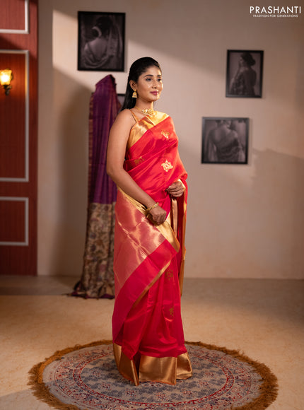 Pure chanderi silk saree tomato pink with allover zari woven buttas and long zari woven border