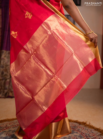 Pure chanderi silk saree tomato pink with allover zari woven buttas and long zari woven border