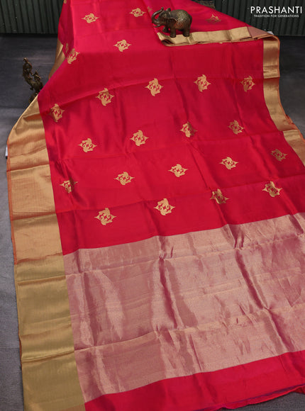 Pure chanderi silk saree tomato pink with allover zari woven buttas and long zari woven border