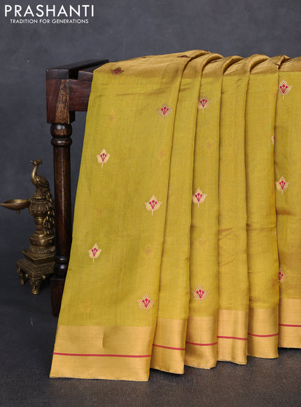 Pure chanderi silk saree mustard green with zari woven buttas and zari woven border