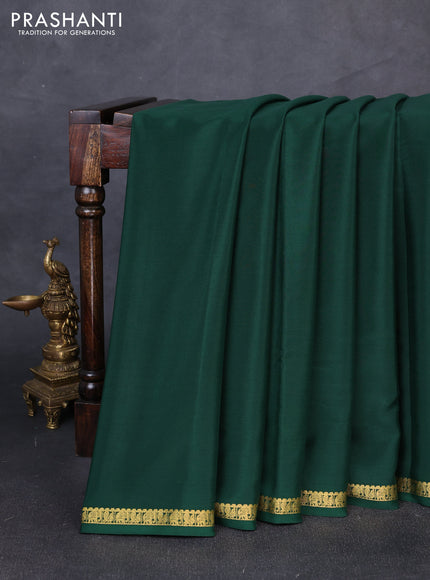 Pure mysore silk saree bottle green with plain body and small zari woven border