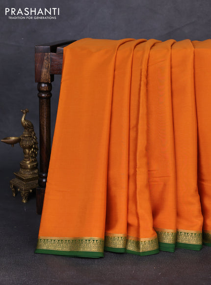 Pure mysore silk saree rustic orange and green with plain body and zari woven border