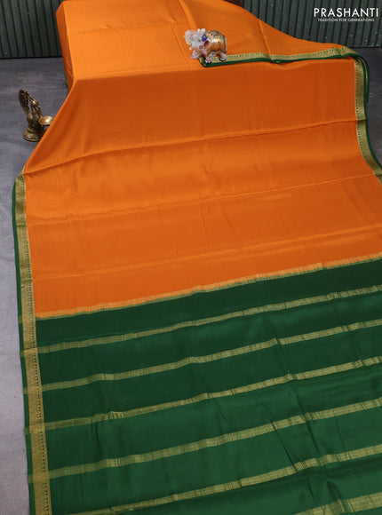 Pure mysore silk saree rustic orange and green with plain body and zari woven border