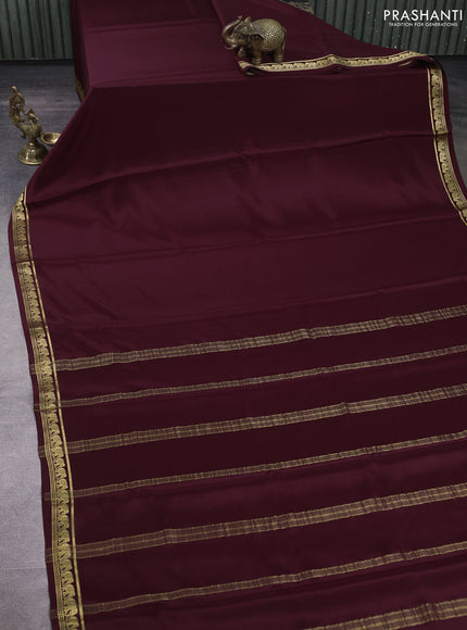 Pure mysore silk saree coffee brown with plain body and small zari woven border