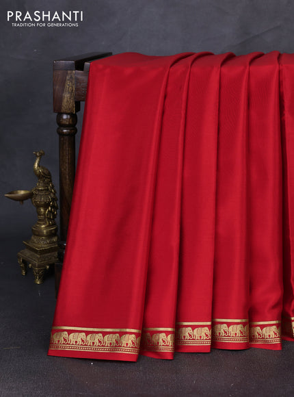 Pure mysore silk saree red with plain body and small zari woven border