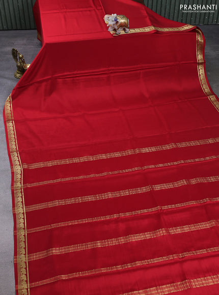 Pure mysore silk saree red with plain body and small zari woven border