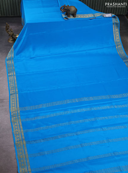 Pure mysore silk saree cs blue with plain body and zari woven border
