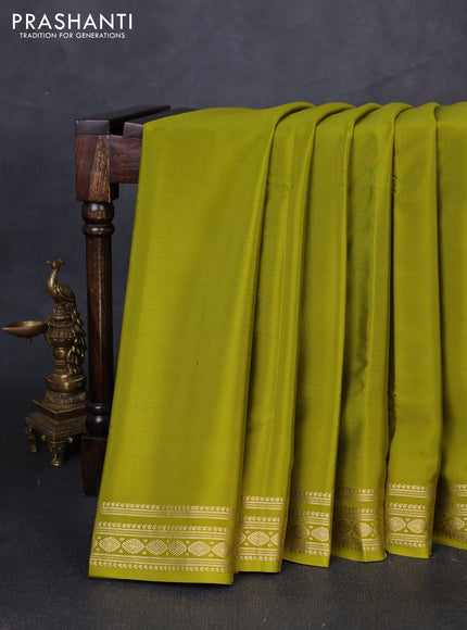 Pure mysore silk saree mehendi green with plain body and zari woven border