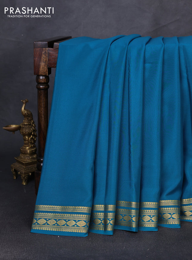 Pure mysore silk saree peacock blue with plain body and zari woven border