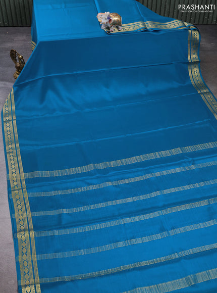 Pure mysore silk saree peacock blue with plain body and zari woven border