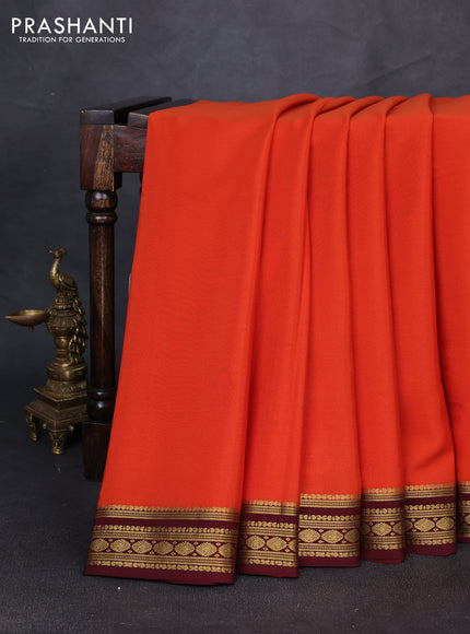 Pure mysore silk saree orange and coffee brown with plain body and zari woven border