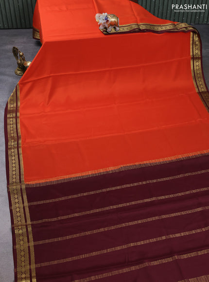 Pure mysore silk saree orange and coffee brown with plain body and zari woven border