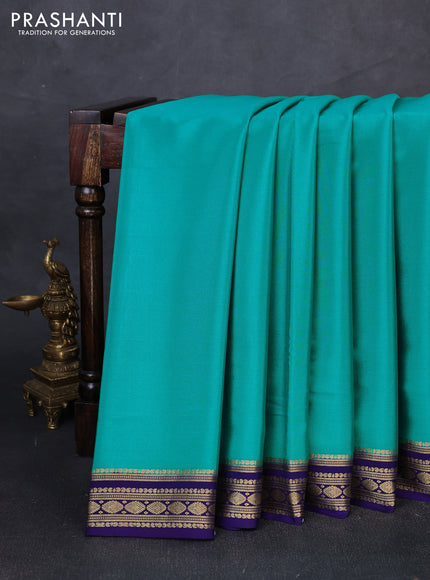 Pure mysore silk saree teal green and violet with plain body and zari woven border