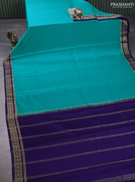 Pure mysore silk saree teal green and violet with plain body and zari woven border