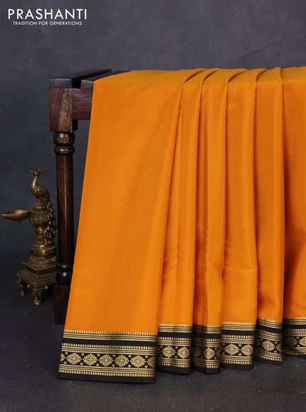 Pure mysore silk saree dark mustard and black with plain body and zari woven border