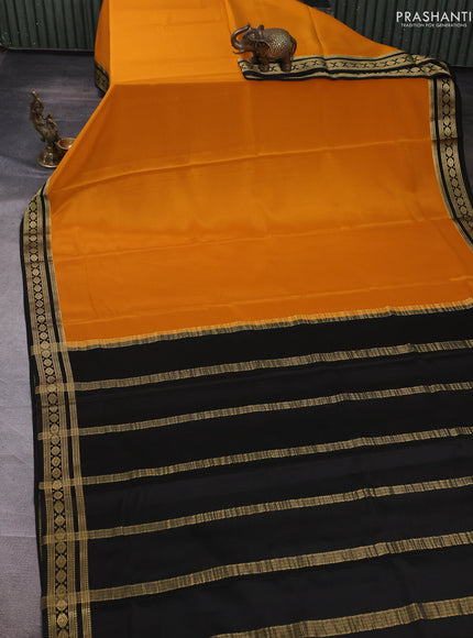 Pure mysore silk saree dark mustard and black with plain body and zari woven border