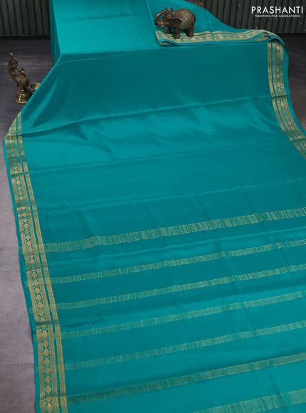 Pure mysore silk saree teal green with plain body and zari woven border