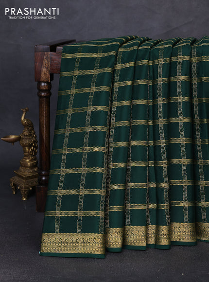 Pure mysore silk saree bottle green with allover zari checked pattern and zari woven border