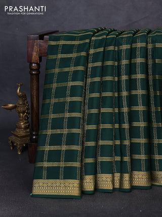 Pure mysore silk saree bottle green with allover zari checked pattern and zari woven border