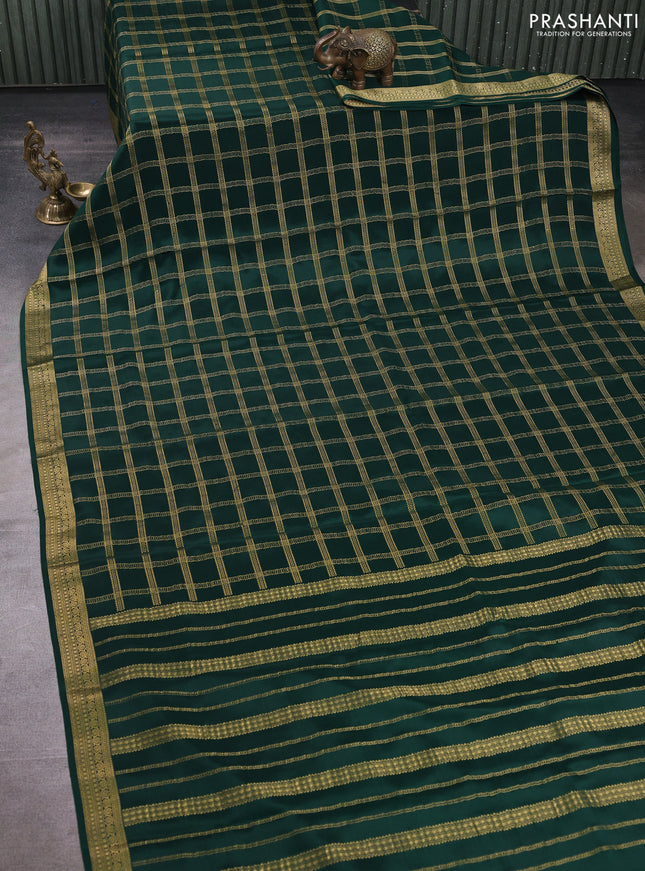 Pure mysore silk saree bottle green with allover zari checked pattern and zari woven border