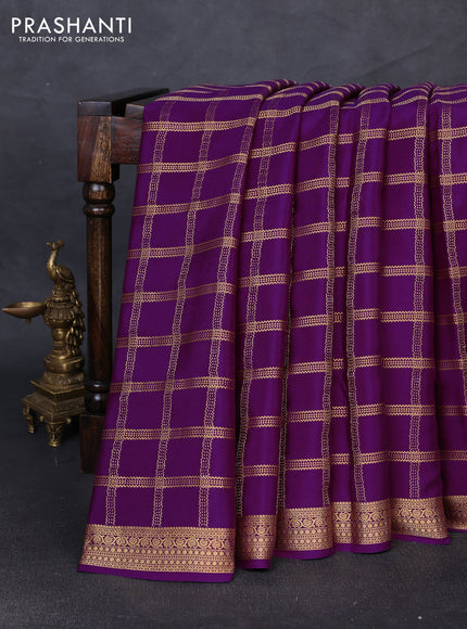 Pure mysore silk saree purple with allover zari checked pattern and zari woven border