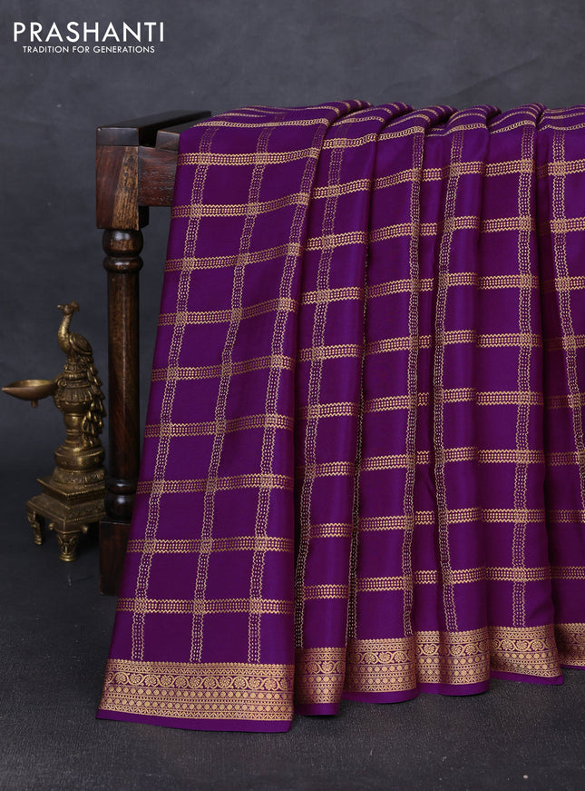 Pure mysore silk saree purple with allover zari checked pattern and zari woven border