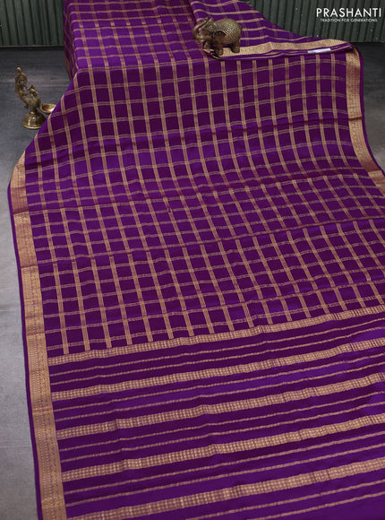Pure mysore silk saree purple with allover zari checked pattern and zari woven border