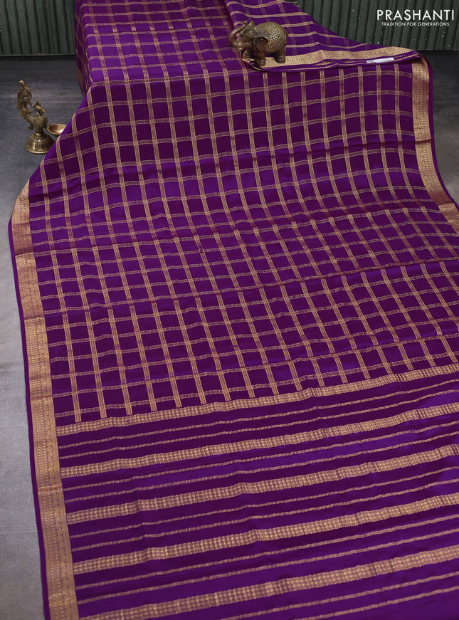 Pure mysore silk saree purple with allover zari checked pattern and zari woven border