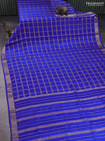 Pure mysore silk saree riyal blue with allover zari checked pattern and zari woven border