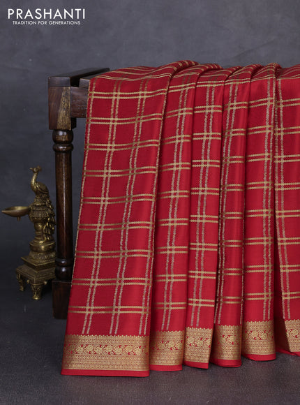 Pure mysore silk saree red with allover zari checked pattern and zari woven border