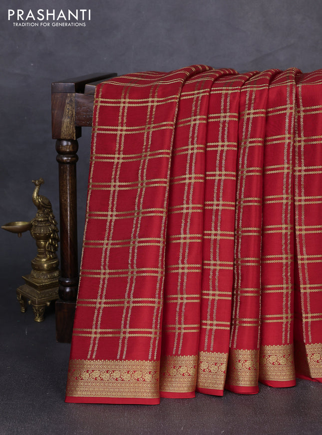 Pure mysore silk saree red with allover zari checked pattern and zari woven border