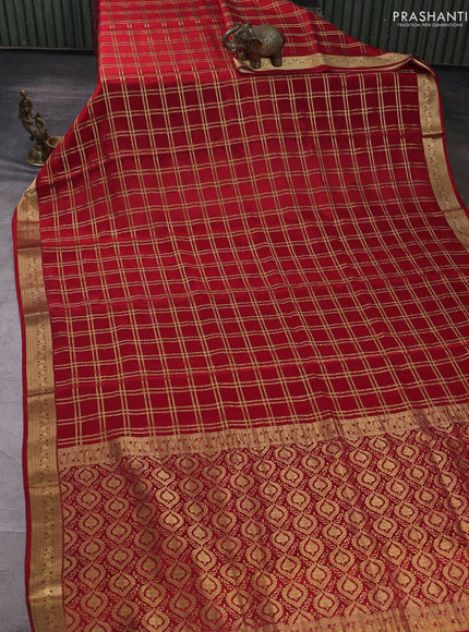 Pure mysore silk saree red with allover zari checked pattern and zari woven border