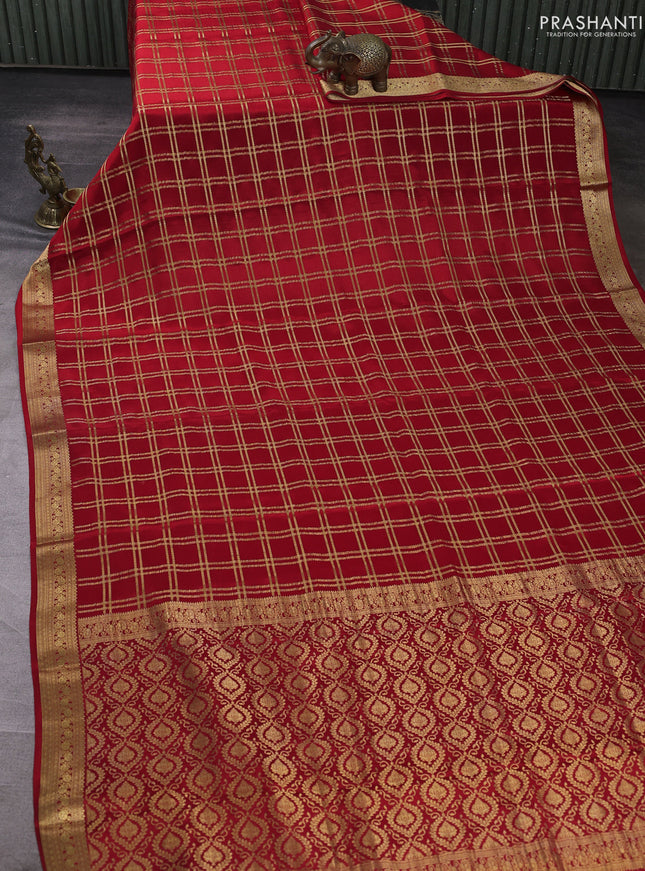 Pure mysore silk saree red with allover zari checked pattern and zari woven border