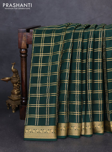 Pure mysore silk saree bottle green with allover zari checked pattern and zari woven border