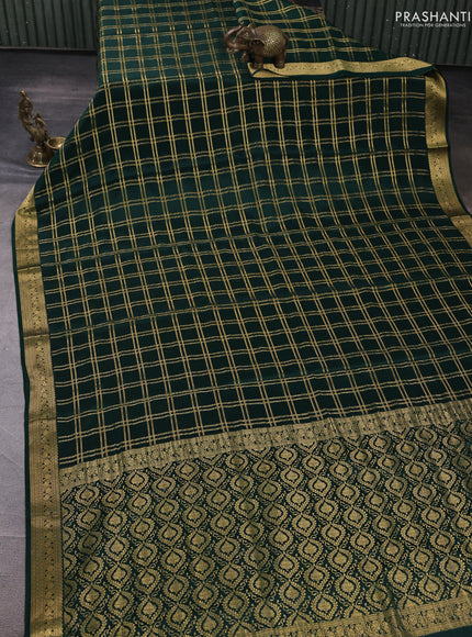 Pure mysore silk saree bottle green with allover zari checked pattern and zari woven border