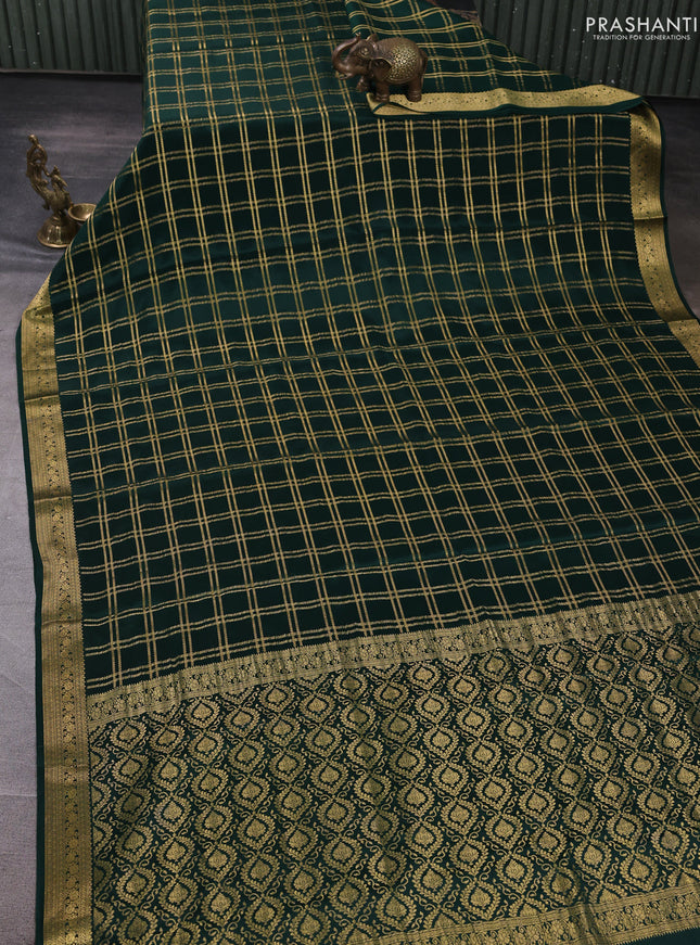 Pure mysore silk saree bottle green with allover zari checked pattern and zari woven border