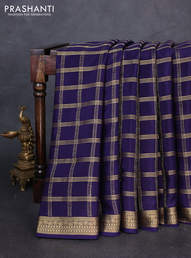 Pure mysore silk saree navy blue with allover zari checked pattern and zari woven border
