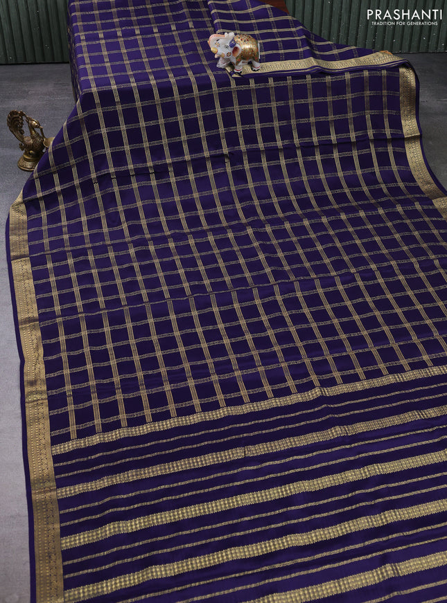 Pure mysore silk saree navy blue with allover zari checked pattern and zari woven border