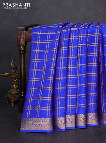 Pure mysore silk saree royal blue with allover zari checked pattern and zari woven border