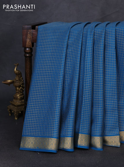 Pure mysore silk saree peacock blue with allover zari checked pattern and zari woven border