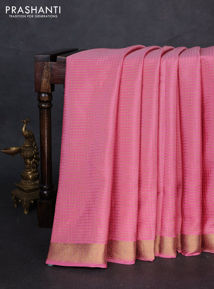 Pure mysore silk saree peach pink with allover zari checked pattern and zari woven border