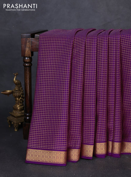 Pure mysore silk saree purple with allover small zari checked pattern and zari woven border