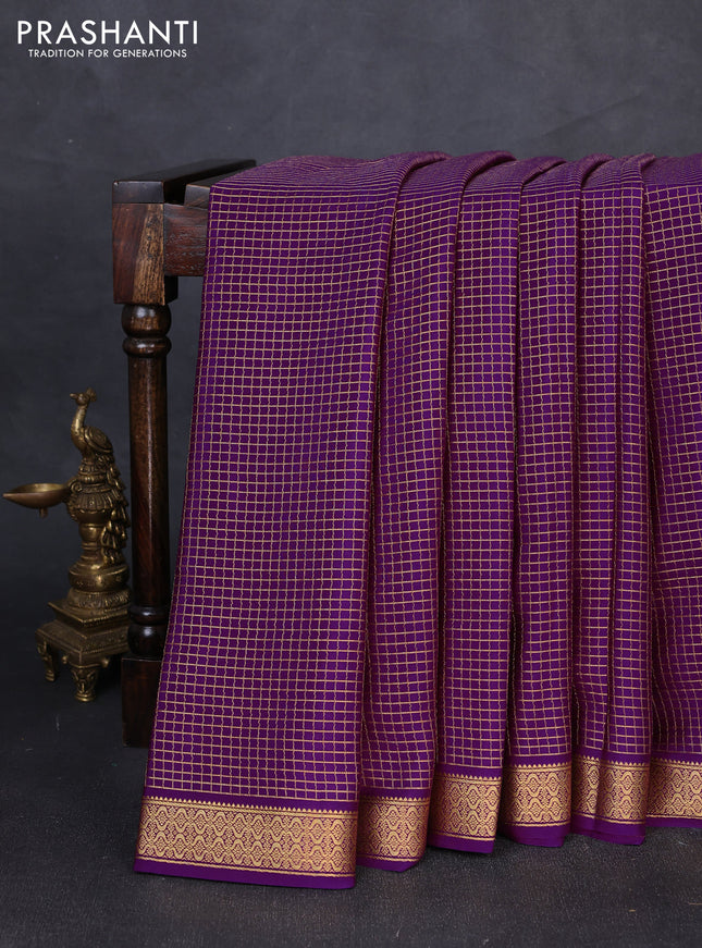 Pure mysore silk saree purple with allover small zari checked pattern and zari woven border